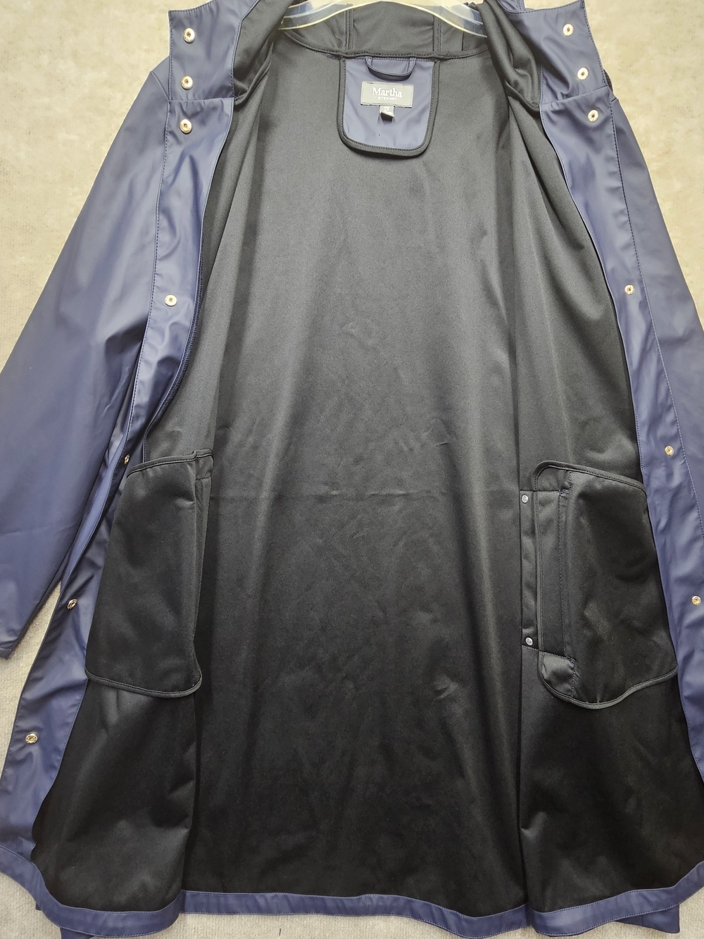 Martha Stewart 2X Long Hooded Rain Jacket Blue Waterproof Button Coat - Picture 11 of 15